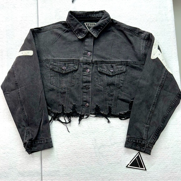 New Womens Cropped Denim Distressed Black jean jacket Trio Urban Size Small - Picture 1 of 9